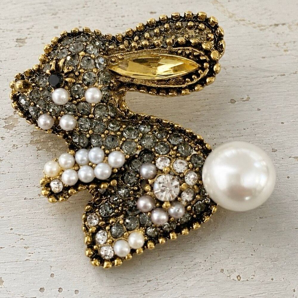 Rabbit Lapel Pin Pearl Tail Pavé Gold Tone Bunny Brooch